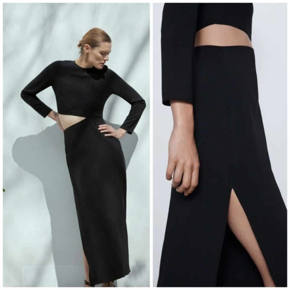 ZARA LONG SLEEVE BLACK MAXI WITH SIDE CUT OUT